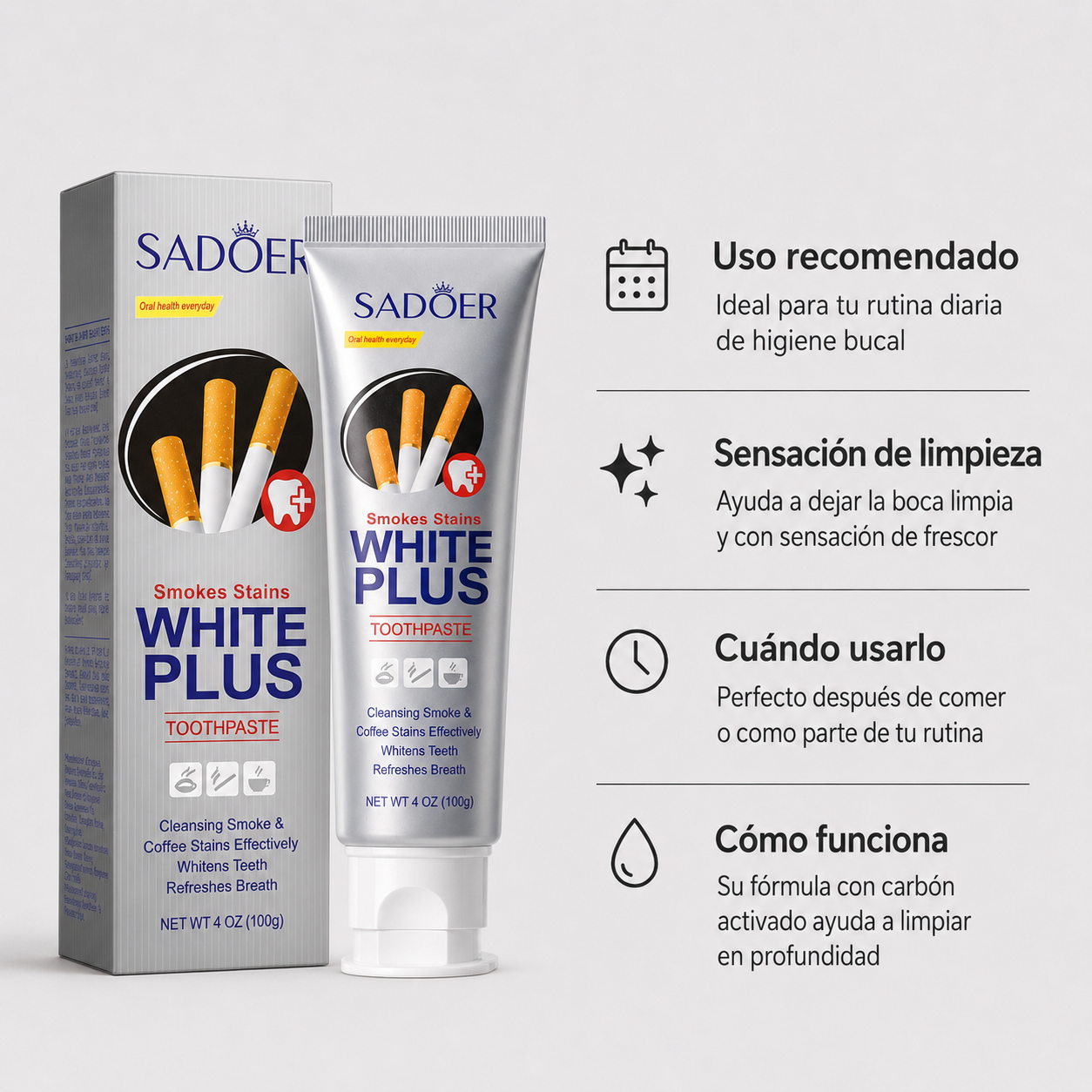 White Plus Anti Tabaco Pasta Dental SADOER- Manchas de Cafe, Te y Tabaco